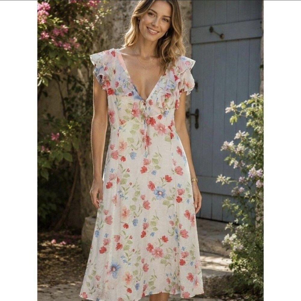 NWT Old Navy Floral Chiffon Midi Dress Fit Flare Deep Ruffled XL Forest Fairy.